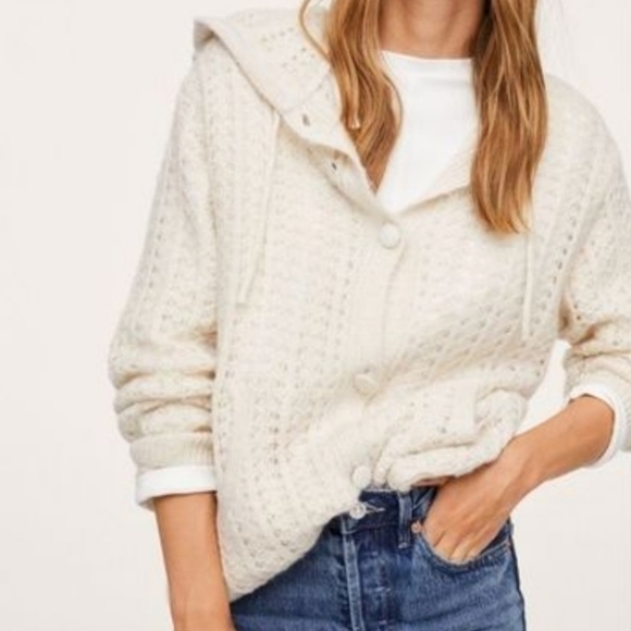 Mango Sweaters - Mango Openwork Knit Hoodie Elegant Cream Cardigan Sweater Size M